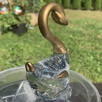 VTG Clear Glass Swan Figurine Paperweight Controlled Bubbles Brass Head Neck 4"