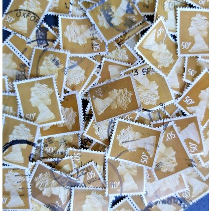 100 used definitive postage stamps 50 p unchecked off paper machins gold beige