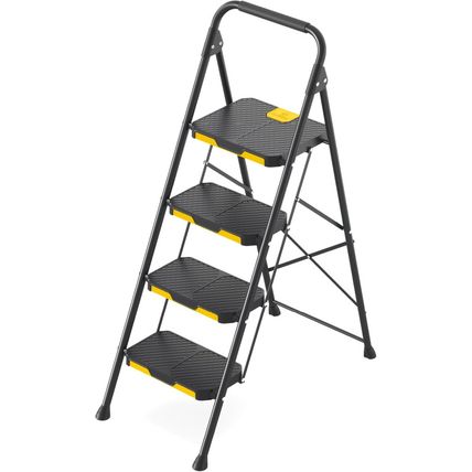 KINGRACK 4 Step Ladder, Sturdy Steel Step Stool with Safe-Lock Design, Handrail,