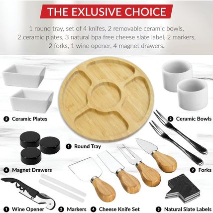 Large Bamboo Charcuterie Boards Gift Set with 4 Hidden Drawers, Cheese Knives, C