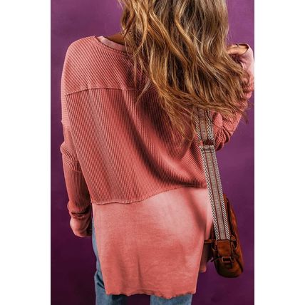 Mineral Red Exposed Seam Slit Neck Waffle Knit Patchwork Top