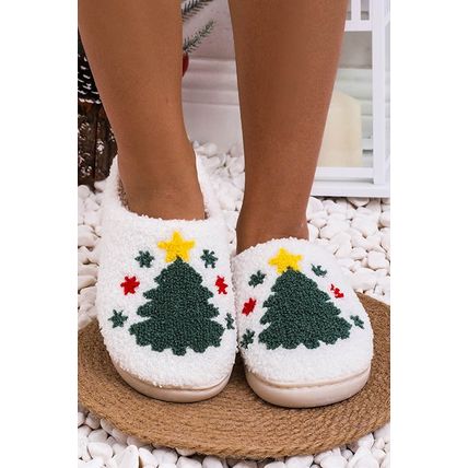 White Fuzzy Christmas Tree Pattern Home Slippers