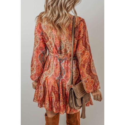 Orange Boho Paisley Print Long Sleeve Pleated Belted Mini Dress