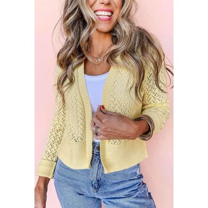 Yellow Cream Pointelle Knit Open Front Short Cardigan