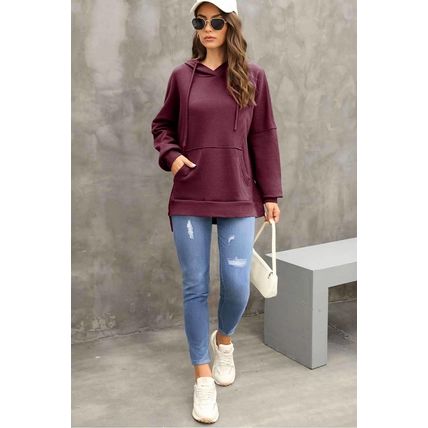 Red Dahlia Waffle Knit Fleece Lined High Low Oversized Hoodie