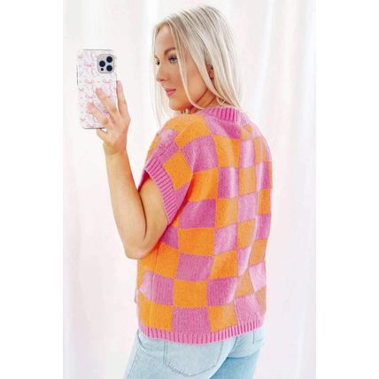 Strawberry Pink Colorblock Plaid Pattern Ribbed Trim Sweater Tank Top