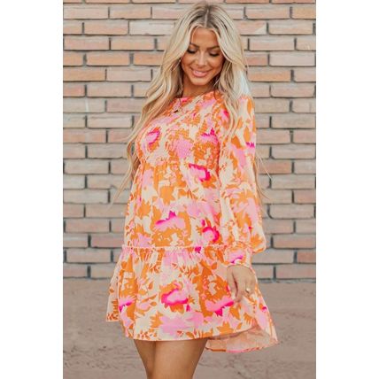 Orange Abstract Print Smocked Lantern Sleeve Ruffle Mini Dress