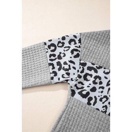 Gray Leopard Quilted Patchwork Crew Neck Sweatshirt