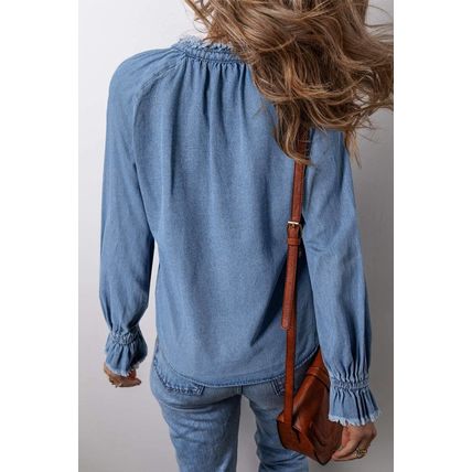 Sky Blue Frilled Raw Hem Half Buttoned Denim Top