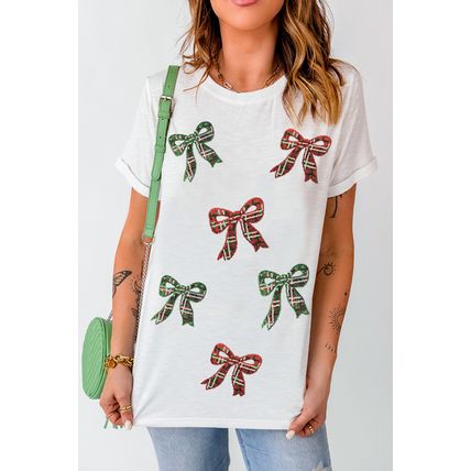 White Christmas Bowknot Graphic Cotton Blend T Shirt