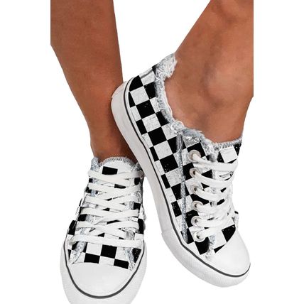 Black Checkered Print Raw Edge Lace-up Canvas Shoes