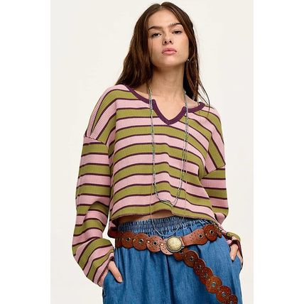 Spinach Green Clashing Stripes Waffle Texture Notched Neck Long Sleeve Top