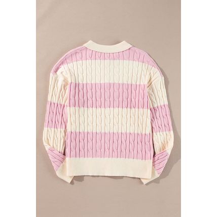 Pink Stripe Cable Knit Collared Henley Sweater