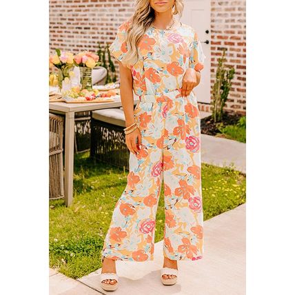 Orange Vibrant Floral Printed Short Sleeve Top 2 Piece Pants Set