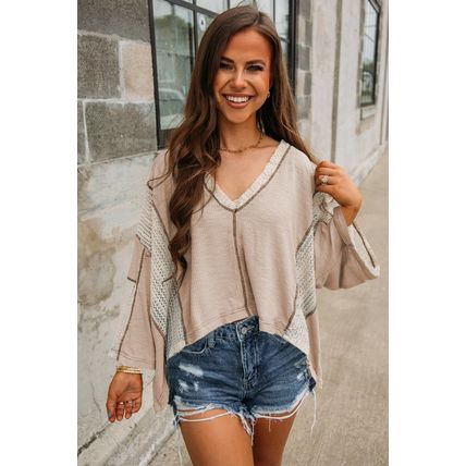 Parchment Crochet Detail Exposed Seam High Low Loose Top