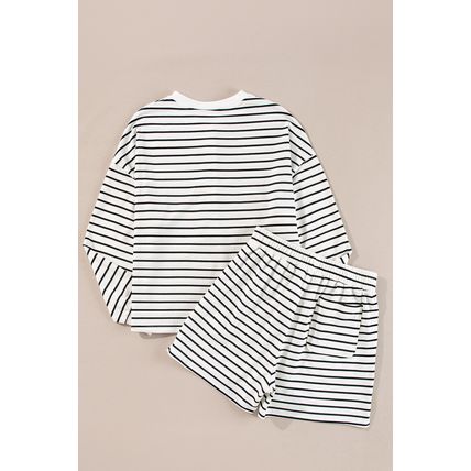 Black white Stripes Printed Half Button Long Sleeve Top and Shorts Set