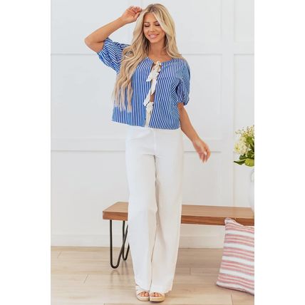 Blue Stripe Tied Front Puff Short Sleeve Blouse
