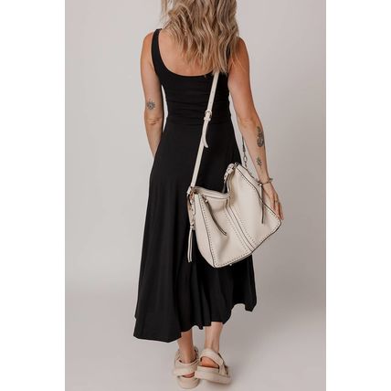 Black Sleeveless Scoop Neck Flared Split Midi Dress