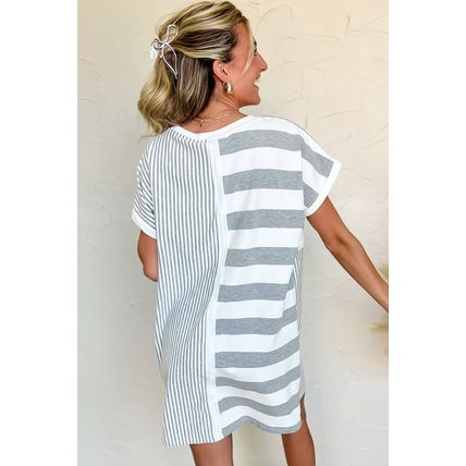 Gray Stripe Mixed Printed Short Sleeve Shift Mini T Shirt Dress
