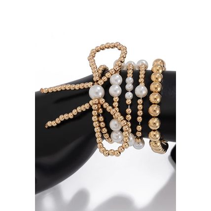 Gold Bow Knot Pearl Beaded Multi Layered Bracelet Set