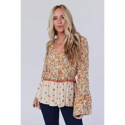Yellow Printed Floral Bell Sleeve V Neck Wrapped Contrast Peplum Blouse