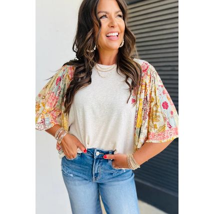 Beige Floral Patchwork Half Batwing Sleeve Blouse