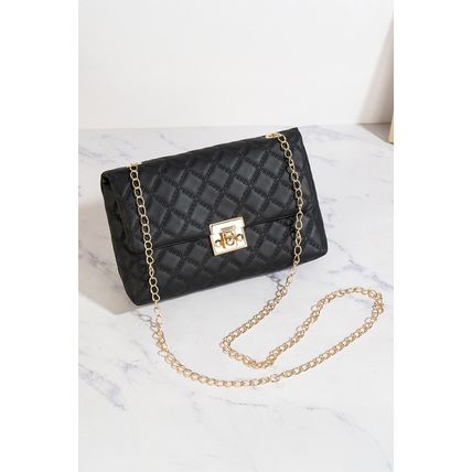 Black Textured PU Leather Gold Chain Buckle Single Shoulder Bag