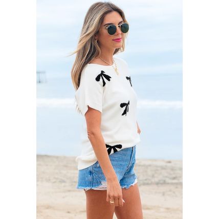 White Bow Pattern Knit Short Sleeve Sweater