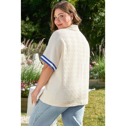 White Varsity Half Zip Textured Plus Size Top