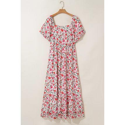 Pink Plus Size Floral Square Neck Puff Sleeve Ruffle Maxi Dress
