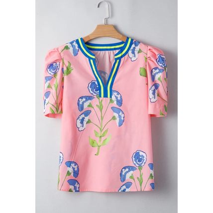 Pink Floral Print Striped Notched V Neck Bubble Sleeve Blouse