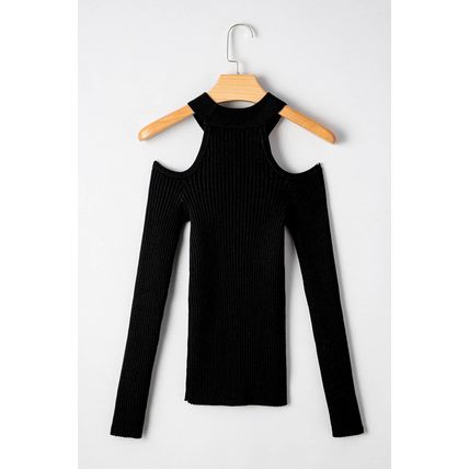 Black Ribbed Knit Cold Shoulder Choker Neck Sweater
