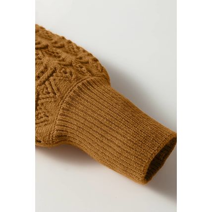 Jurassic Gold Hollow Out Crochet Ribbed Edge Balloon Sleeve Sweater