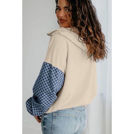 Parchment Checkered Patchwork Kangaroo Pocket Half Zipper Hoodie