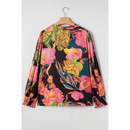 Black Floral Print Smocked Cuffs Puff Sleeve V Neck Blouse