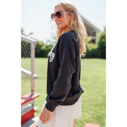 Black Chenille Game Day Graphic Drop Shoulder Sweatshirt