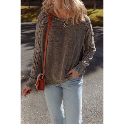 Dark Brown Contrast Cable Knit Sleeve Casual Sweater