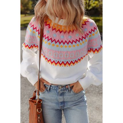 White Ethnic Geometric Colorblock Print Drop Shoulder Sweater