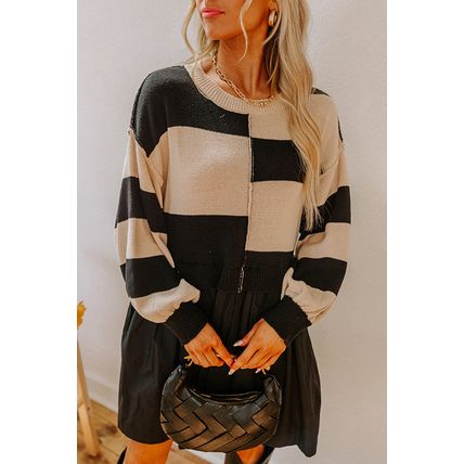 Black Stripe Two in One Knitted Top High Waist Splicing Hem Sweater Dress