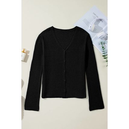 Black Lightweight Ribbed Knit Button Front V Neck Cardigan