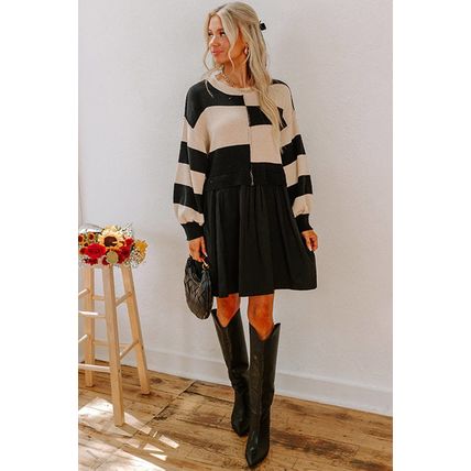 Black Stripe Two in One Knitted Top High Waist Splicing Hem Sweater Dress