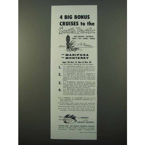 1959 Matson Lines Ad - Bonus Cruises to South Pacific