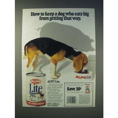 1989 Alpo Lite Dog Food Ad - keep a dog who eats big from getting that way