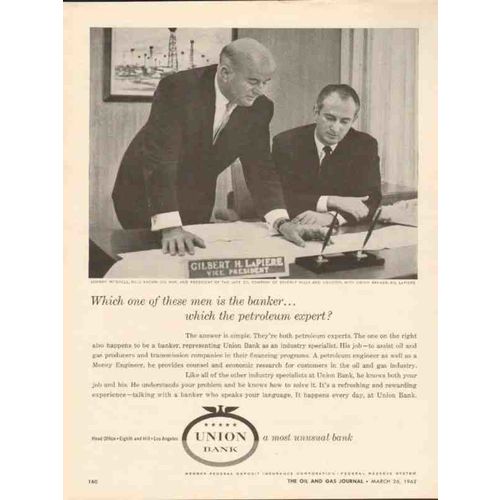 UNION BANK 1962 LA CA Johnny Mitchell Gilbert H LaPiere oil vintage ad