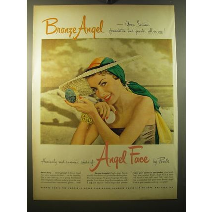 1950 Pond's Angel Face Makeup Ad - Bronze Angel - your suntan foundation