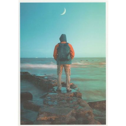 Backpacker Ship Boat Watch Crescent Moon In Daylight German Postcard