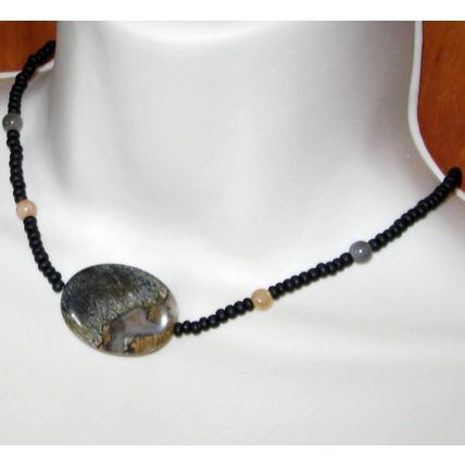 Natural Polished Stone Necklace in tan & black