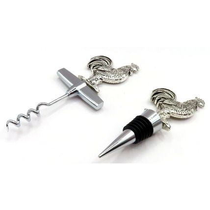 Cockerel Wine Bottle Stopper & Corkscrew Set Metal Silver Colour Gift Home Decor