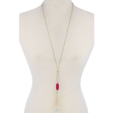 Cut Out Long Oval Bead Tassel Pendant Necklace