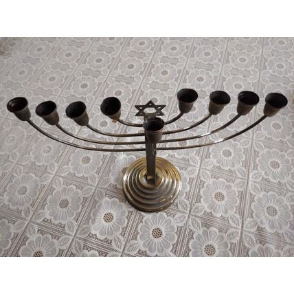 Vintage Early 20C Wide Judaica Silver-Plated Chanukah Menorah Marked 100, W 30cm